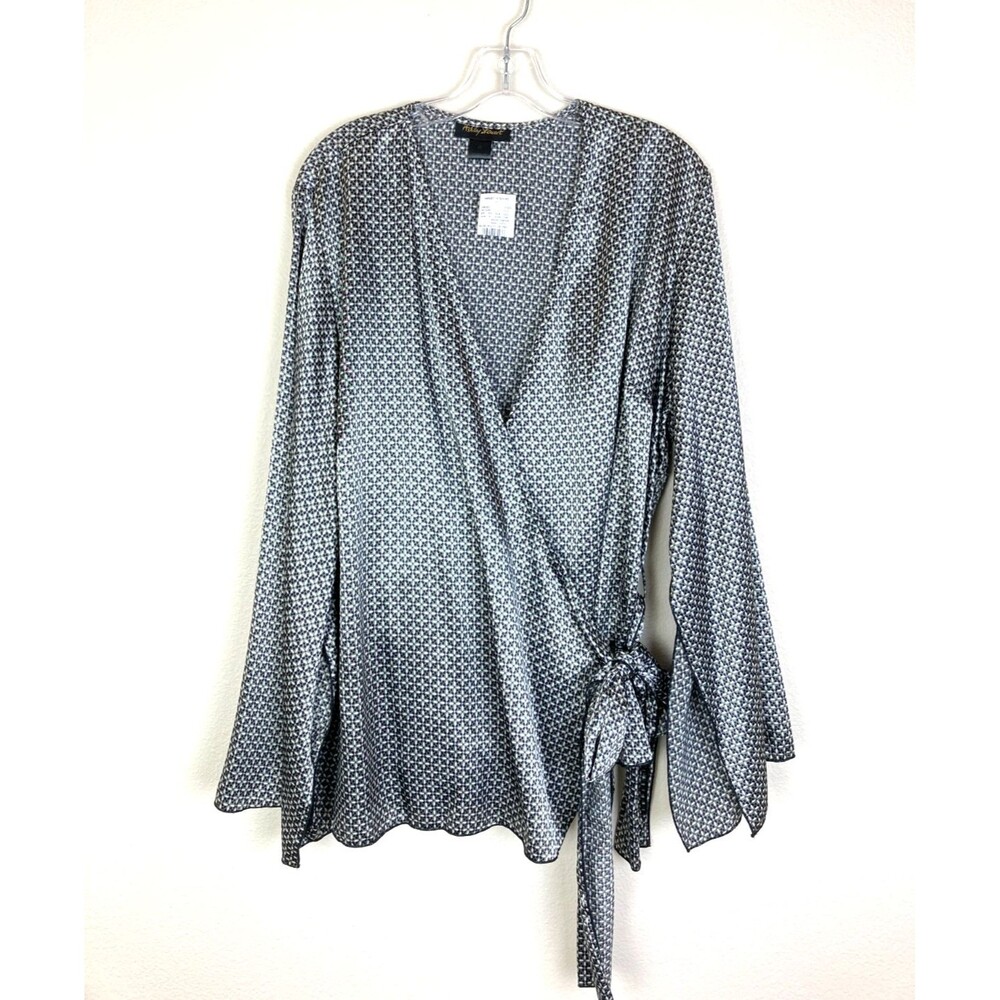 Ashley Stewart NWT Vintage Wrap Blouse Size 20 Black Silver Slit Flare Sleeve